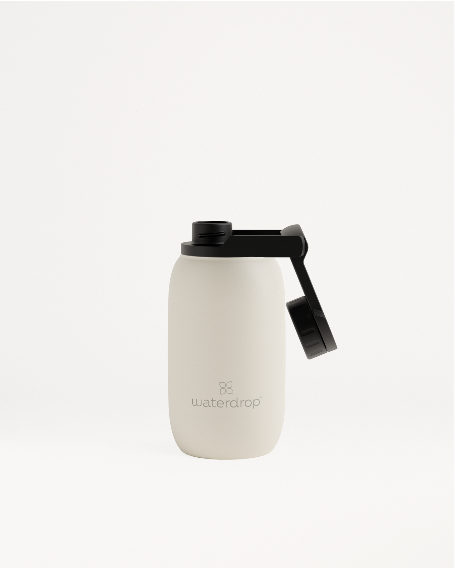 All-Purpose Thermo with Swing Lid, a white water bottle featuring a secure black cap, designed for long-lasting temperature retention.
