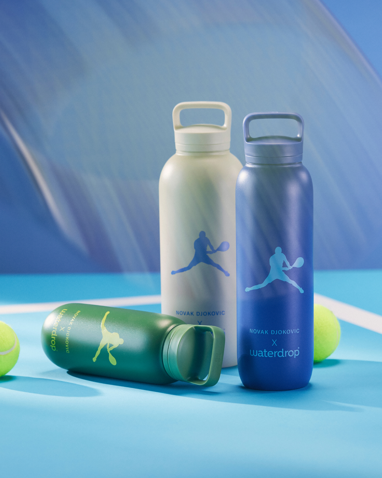 Novak Djokovic Bottle Set with green all-purpose thermo bottle, 36 SILA electrolyte hydration cubes, and tennis-themed elements in the background.