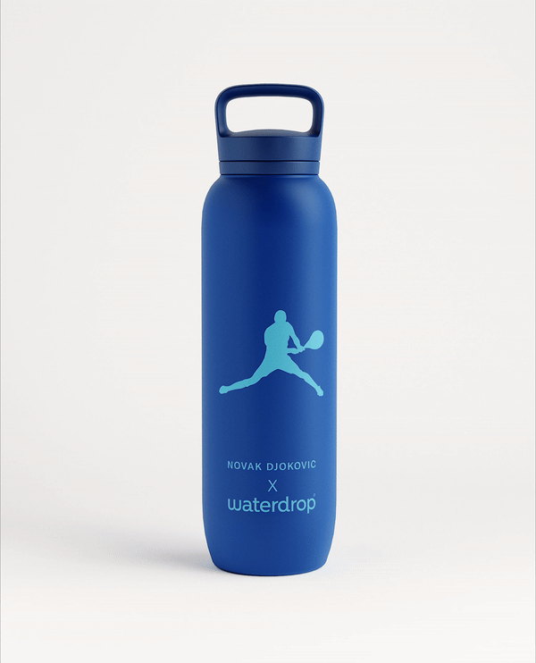 Novak Djokovic All-Purpose Thermo Spout Lid water bottle featuring a logo of a tennis player, designed for keeping drinks cold for up to 24 hours.