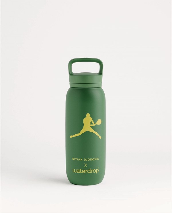Novak Djokovic All-Purpose Thermo Spout Lid Bottle with logo, double-walled stainless steel for 24-hour cold drinks, part of the Novak Djokovic Bottle Collection.
