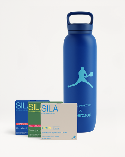 Novak Djokovic Bottle Set features a blue water bottle with a yellow logo, including 36 electrolyte hydration cubes for optimal performance.	