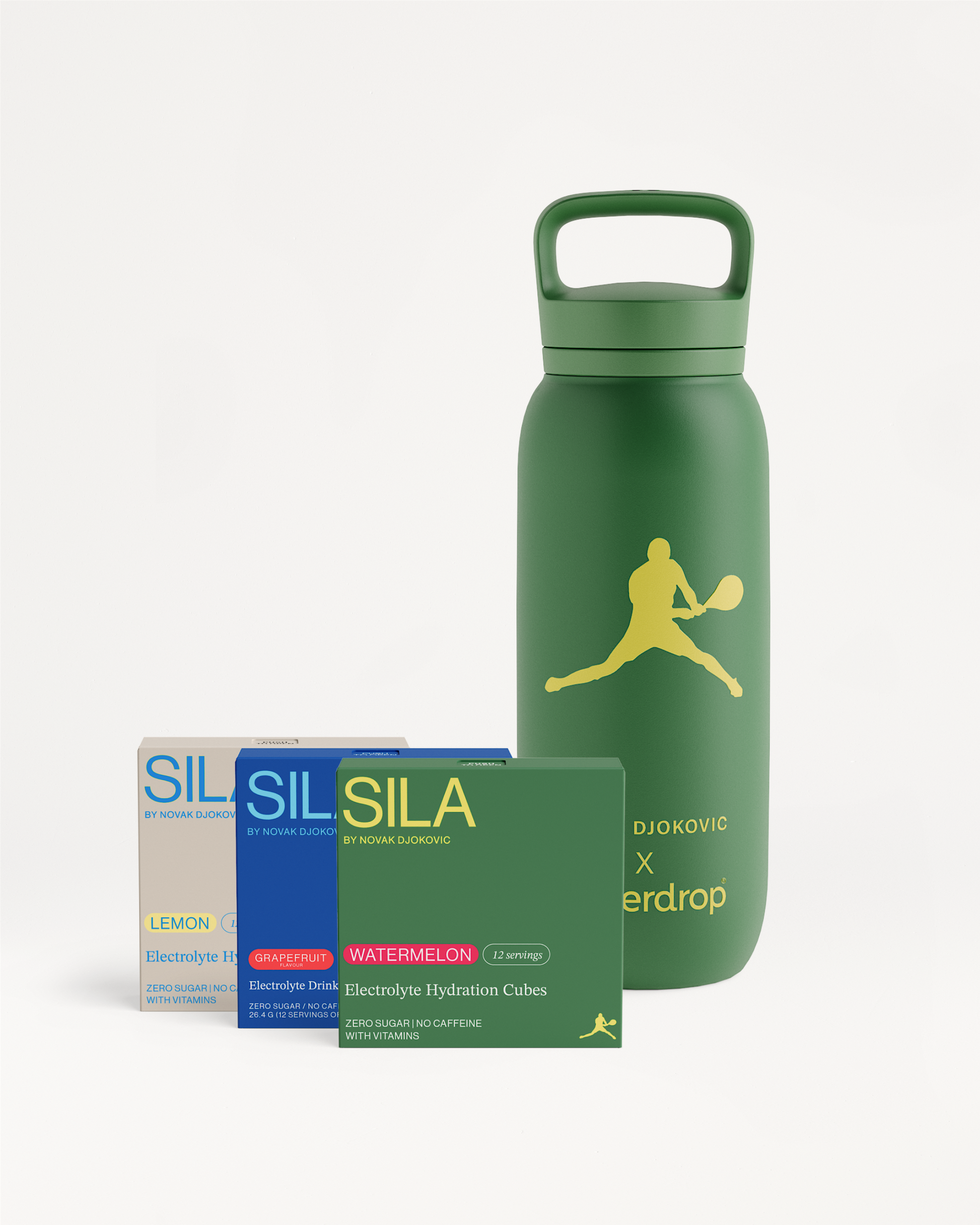 Novak Djokovic Bottle Set features a green water bottle with a yellow logo, including 36 electrolyte hydration cubes for optimal performance.