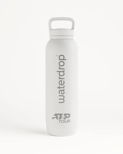 Official ATP Tour waterdrop all-purpose Thermo with Spout Lid, co-branded stainless steel water bottle for tennis pros, featuring an ergonomic handle and insulating design.	