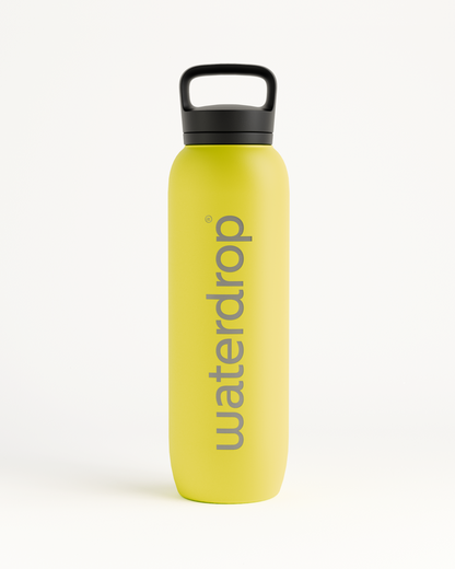 Neon Yellow All-Purpose Thermo Bottle with Spout Lid, 1L, featuring a double-walled design for cold drinks and wide opening for ice cubes.