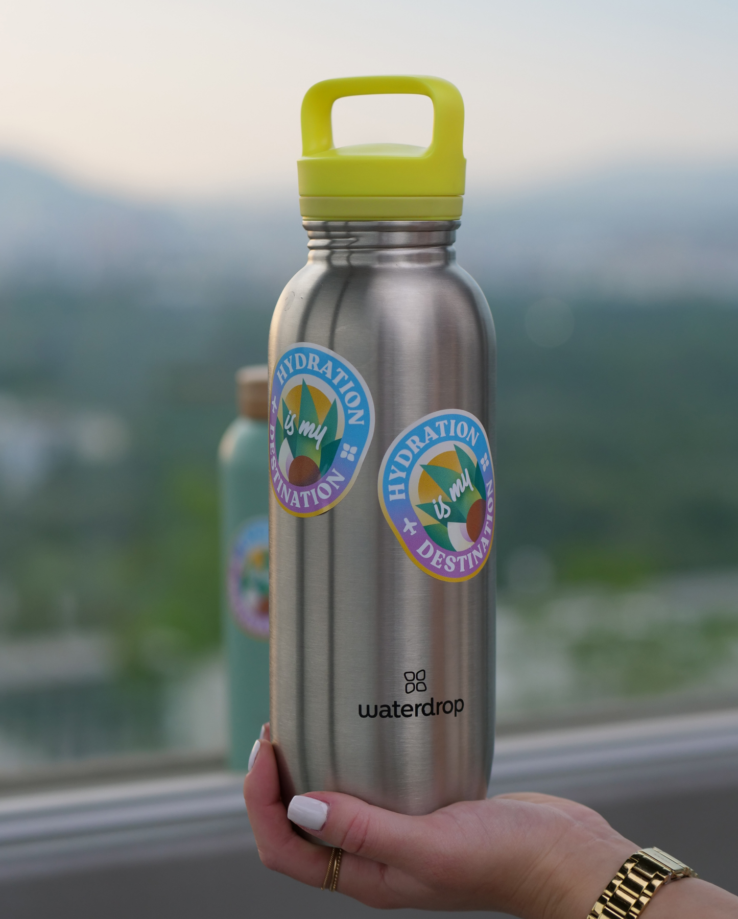 Person holding a water bottle with a Limited Edition Bottle Sticker, emphasizing hydration.