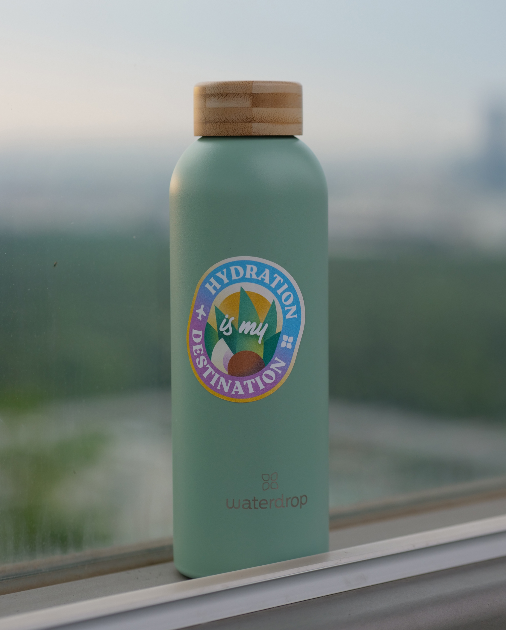 Bottle Sticker on a clear water bottle sitting on a window sill, showcasing a durable and limited edition design.