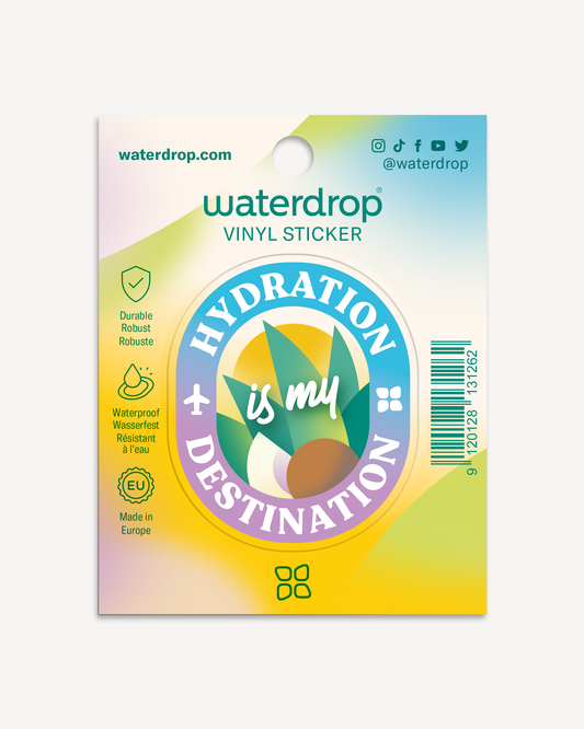 Bottle Sticker with a logo and text, promoting hydration. Durable and limited edition design for water bottles.
