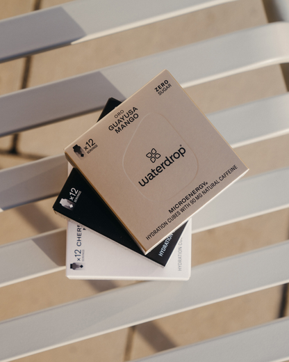 Stacked boxes of Twin Pack Microenergy featuring fruity flavors with natural caffeine. Includes two 12-packs. Limited time offer from waterdrop® EU.