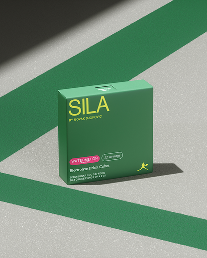 SILA Watermelon electrolyte drink in a green box with yellow text, designed for high performance and effective hydration.