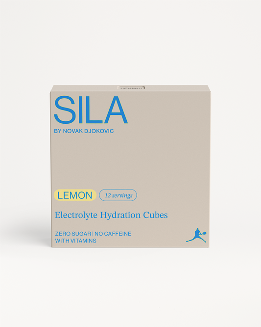 SILA Lemon electrolyte supplement box with blue text, designed for high performance and recovery, featuring convenient, portable packaging.