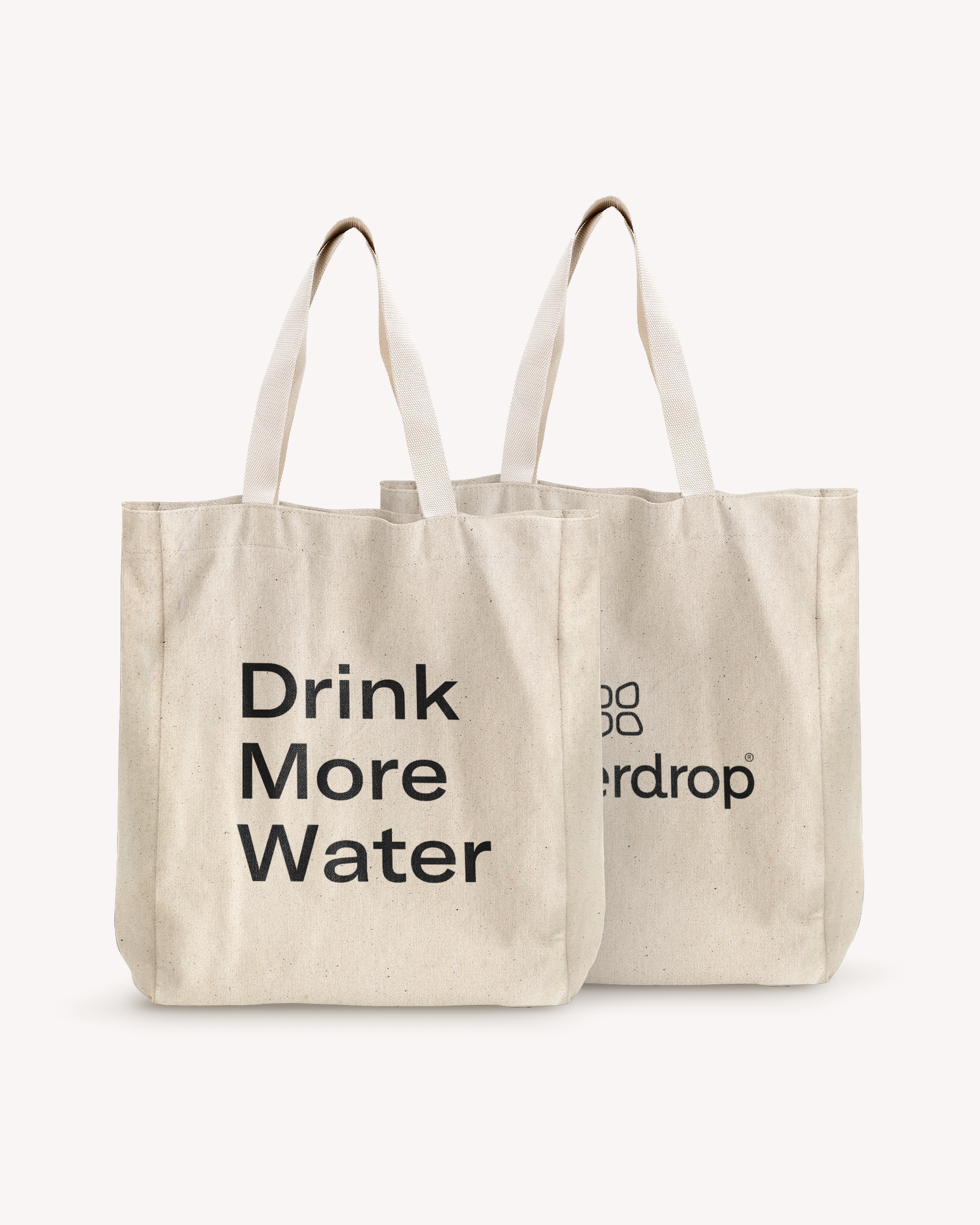 Two white shopping bags with black text, made of high-quality cotton, designed to hold personal items and waterdrop® products.